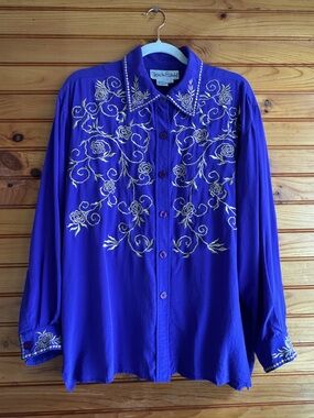 Vintage Diane Von Furstenberg Silk Blouse XL Purple Gold Embroidered